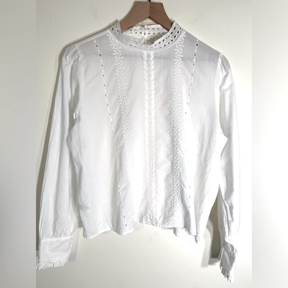 White Cotton Eyelet Blouse High Neckline Ruffle Long Sleeve LOFT Large Petite - Picture 1 of 12